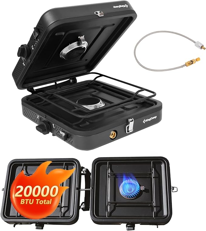 KingCamp 2 Burner Camping Stove，Portable Folding Stove with 20000 BTU，Backpacking Camp Stove for Outdoor Cooking，2 Adjustable Burners & Piezo Ignition for BBQ Hiking Backpacking Camping