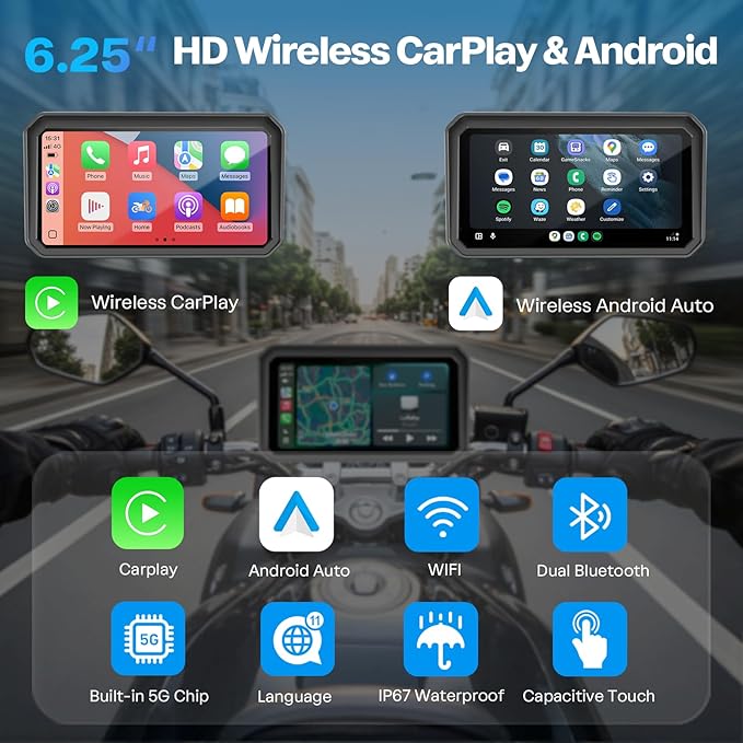 WonVon 6.25 Inch Wireless Motorcycle Carplay GPS Navigation System with Apple Carplay and Android Auto Portable Screen with Dual Bluetooth, Navigation, Siri, Google Assistant