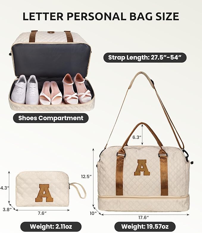 Beach Essentials 11 12 13 14 15 16 17 18 Year Old Girls Gifts-Initial Duffle Bag with Shoe Compartment, Personalized Weekender Bag, Travel Bag with Makeup Bag，Birthday Gift for Her (Letter T)