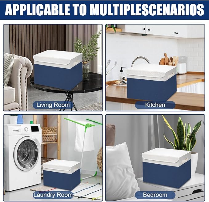 Large 17" 42 Quarts Collapsible Stackable Storage Bins with Lids [3-Pack] Foldable Fabric Linen Storage Boxes Cube, Closet Organizer Baskets with Label for Home (16.7 x 12 x 12", Navy Blue & White)