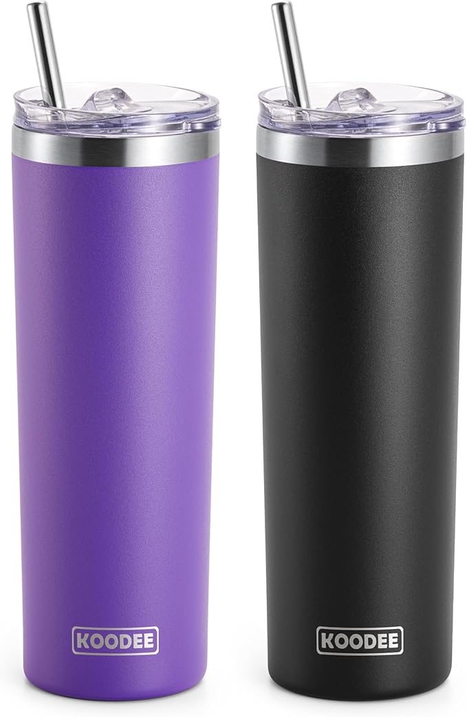 koodee Tumbler with Lid and Straw-20 oz Stainless Steel Vacuum Insulated Coffee Traver Mug for Women- Beach Cup Tumbler (Purple-Black)