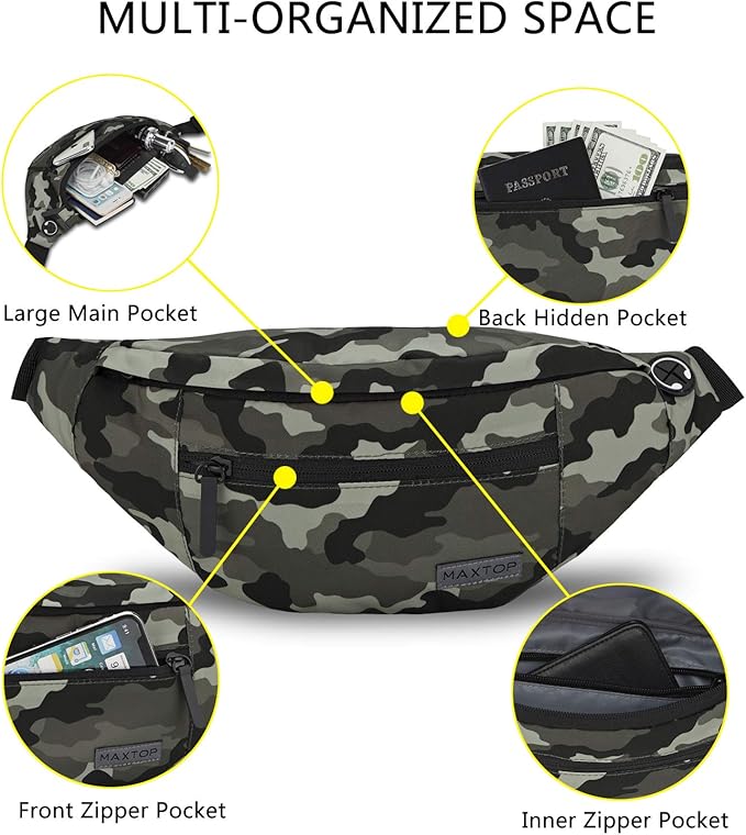 MAXTOP Large Crossbody Fanny Pack with 4-Zipper Pockets,Gifts for Enjoy Sports Festival Workout Traveling Running Casual Hands-Free Wallets Waist Pack Phone Bag Carrying All Phones