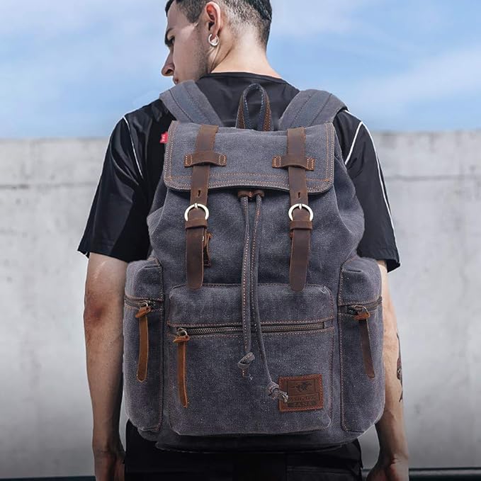 AUGUR High Capacity Canvas Vintage Backpack - for Camping Hiking Travel 12-15" Laptop Rucksack School Backpack (M-Gray)