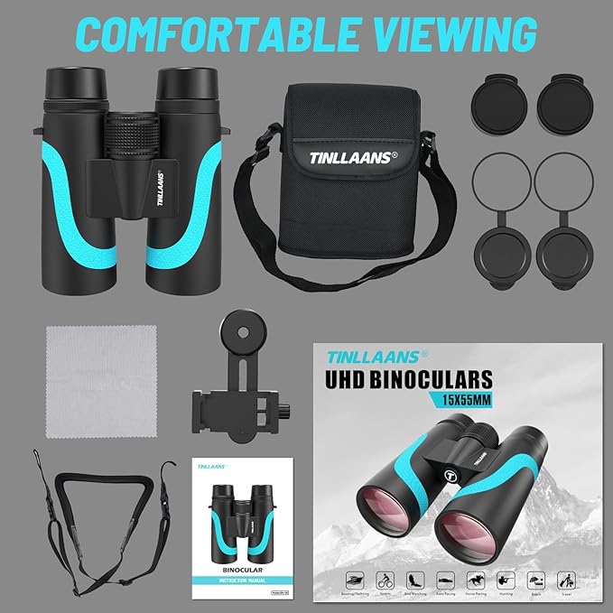 15x55 HD Binoculars for Adults – High Powered Large View, BAK4 Prism, Waterproof & Lightweight for Bird Watching, Hiking, Travel, Cruise, Sports with Phone Adapter (Blue)