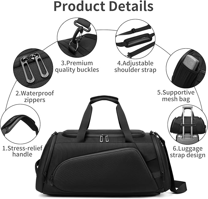 Duffle Bag for Travel, Carry on Gym Bag for Men, Waterproof Sport Bags with Shoe Compartment, 40L Weekender Men Tote Bag for Camping, Hiking, Trips - Black (CORDURA®)