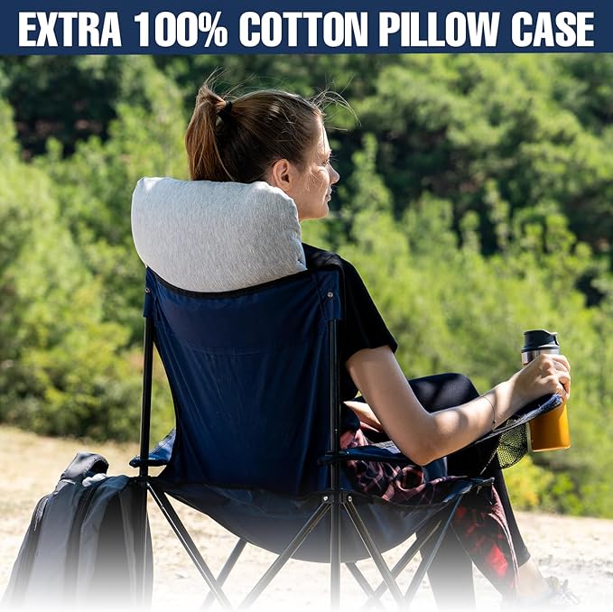 Travel & Camping Comfortable Memory Foam Pillow – Easy to Carry Portable Bag – Temperature Regulating Pillow Case (White + Extra Cover)