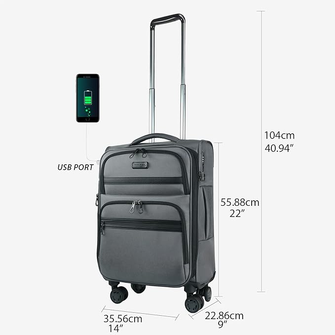 KROSER Softside Expandable Carry On Luggage with Spinner Wheels & Built-in TSA Lock, Durable Suitcase Rolling Luggage with USB Port, Carry-On 20-Inch, Grey