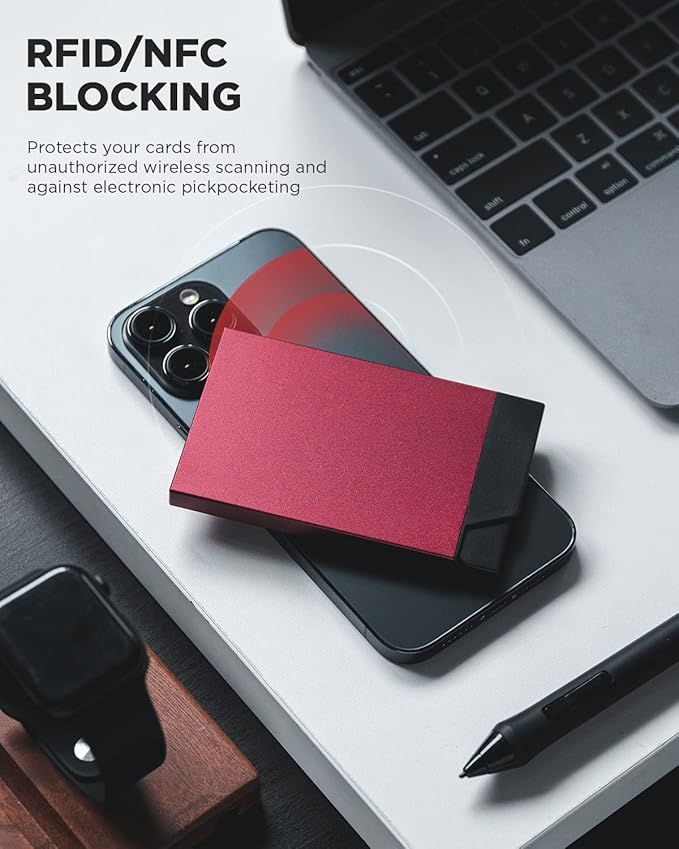 VULKIT Pop up Card Holder Minimalist Credit Card Holder RFID Blocking Slim Metal Card Case for Men or Women(Wine)