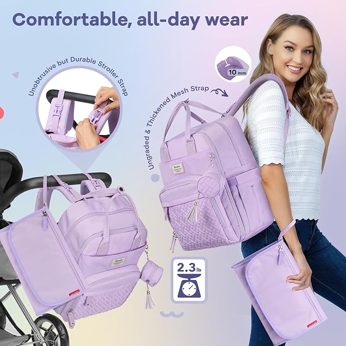 RUVALINO Diaper Bag Backpack, Multifunction Travel Pack Maternity Baby Changing Bags, Large Capacity, Waterproof, Light Purple