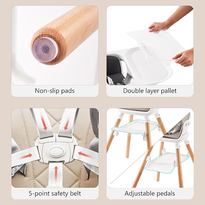 Baby High Chair, Highchair for Baby & Toddler, Easy Clean Infant Highchair, 6 in 1 Feeding High Chair with Removable Double Tray and Waterproof PU Cushion, Wooden Legs, Champagne