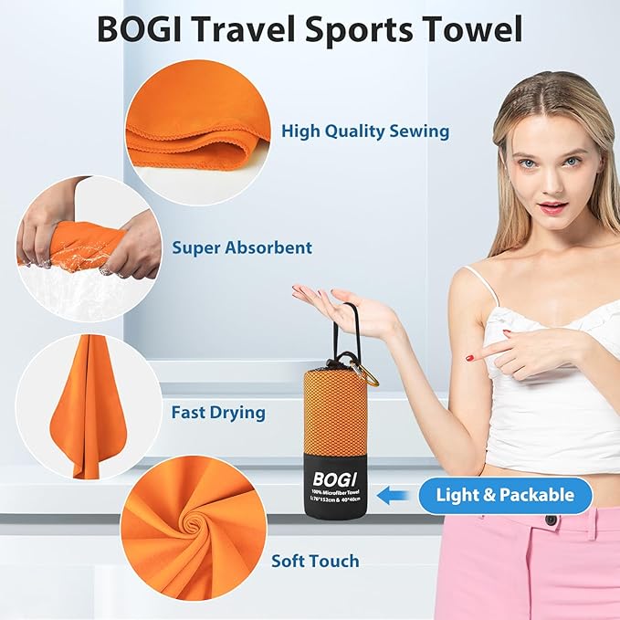 BOGI Microfiber Travel Sports Towel - Quick Dry, Soft Lightweight, Compact for Camping, Gym, Yoga, Swimming, Backpacking (L:60''x30''+16''x16'' - Orange)