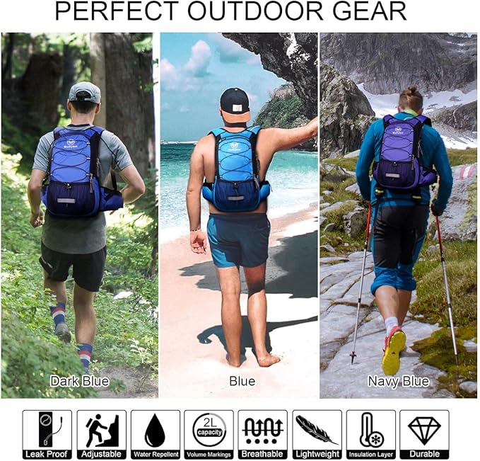 Insulated Hydration Backpack Pack with 3L BPA Free Leak Proof Water Bladder, Large Storage Lightweight Hiking Daypack with Waist Pouches & Cooler Layer, for Running, Biking, Camping, Festival