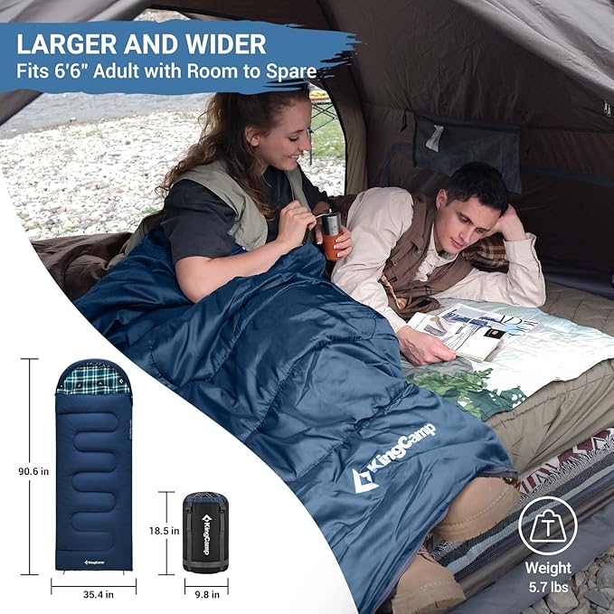 KingCamp Sleeping Bag for Adults, Cold Weather & Warm XL Big and Tall Flannel Sleeping Bags with Compression Sack Portable Waterproof Essentials Gear Accessories for Outdoor Camping