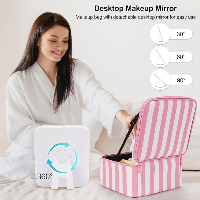 Makeup Bag With LED Mirror, Travel Makeup Case with Light up Mirror Large Cosmetic Case with 3 Color Lighted Portable Organizer Bag with Adjustable Dividers (Pink/White Stripes, Small)