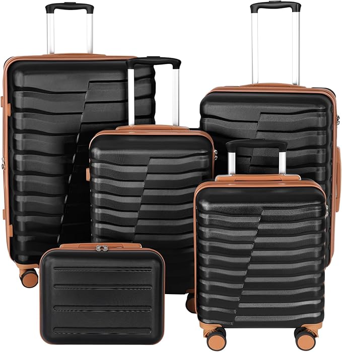 5-Piece Luggage Set, Lightweight ABS+PC Hard Shell Suitcase with YKK Zipper & TSA Lock for Family, Black Brown, 14in/18in/20in/24in/28in