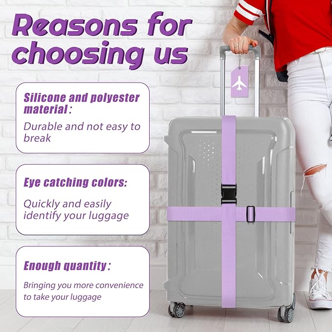 Weewooday 8 Pcs Luggage Straps Suitcase Tags Set for TSA Approved, 4 Travel Adjustable Suitcase Belt, 4 Silicone Luggage Tags with Name ID Card Travel Accessories(Light Purple,Airplane)