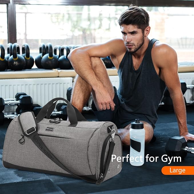 TOPDesign Gym Bag for Women & Men, Unisex Duffel Bag with Shoe Compartment & Wet Pocket for Travel Sports Gym (L Textured Grey)