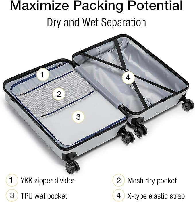 KYME Suitcases with Wheels Hardshell 26 Inch Luggage with TSA Lock Durable Medium Checked Travel Rolling Luggage with Cup Holder for Women Men Silver Grey