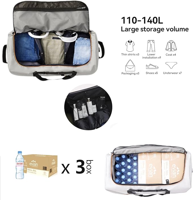 Vomgomfom 32" Soft-Sided Foldable Wheeled Travel Duffel Bag,Expandable 110L to 140L Rolling Cargo Bag with 2 Wheels and Multiple Pockets,Grey