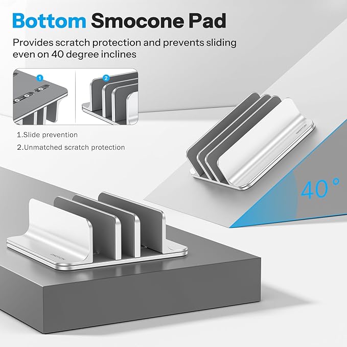 OMOTON 3-Slot Vertical Laptop Stand, Desktop Aluminum Stand for MacBook with Adjustable Dock Size, Fits All MacBook, Surface, Chromebook and Gaming Laptops (Up to 17.3 inches), Bright Silver