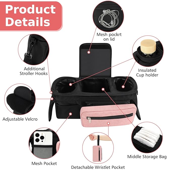 Accmor Universal Stroller Organizer with Insulated Cup Holder Detachable Phone Bag and Shoulder Strap,Stroller Bag Caddy Organizer Fits for Uppababy, Baby Jogger, Britax Strollers