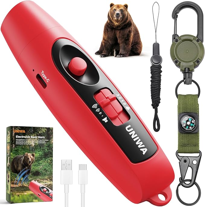 UNIWA Electronic Air Bear Horn, 120±5 dB Loud Air Horn for Safety Hiking Camping Emergency Whistle with Compass, Bear Horn to Scare Bears - Self Defense for Hiking -Red