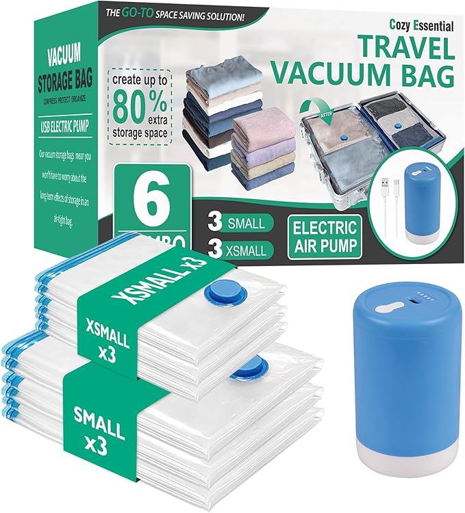 Cozy Essential Travel Vacuum Bags with Electric Pump, 6 Pack Vacuum Travel Bags for Luggage and Suitcase, Vacuum Seal Space Saver Compression for Clothes Clothing