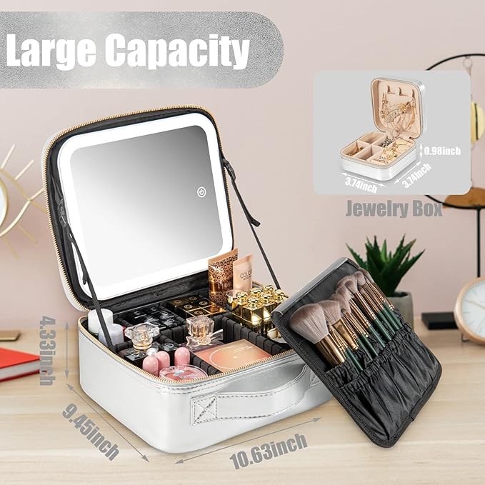 Makeup Travel Train Case with Mirror LED Light 3 Adjustable Brightness Large Cosmetic Bag Portable Storage Adjustable Partition Waterproof Make up Brushes Makeup Jewelry Gift for Women