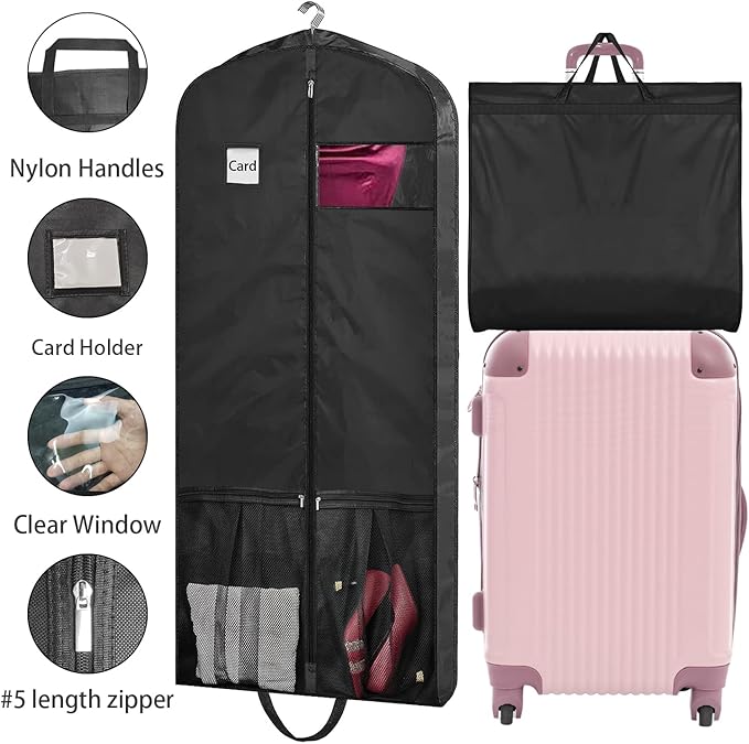 54" Garment Bags for Travel, 2 Pack Dress Bag for Hanging Clothes Storage with Pockets and Clear Window, 4" Dress Storage Bag for Long Coat, Jacket, Sweater, Shirts, Suits