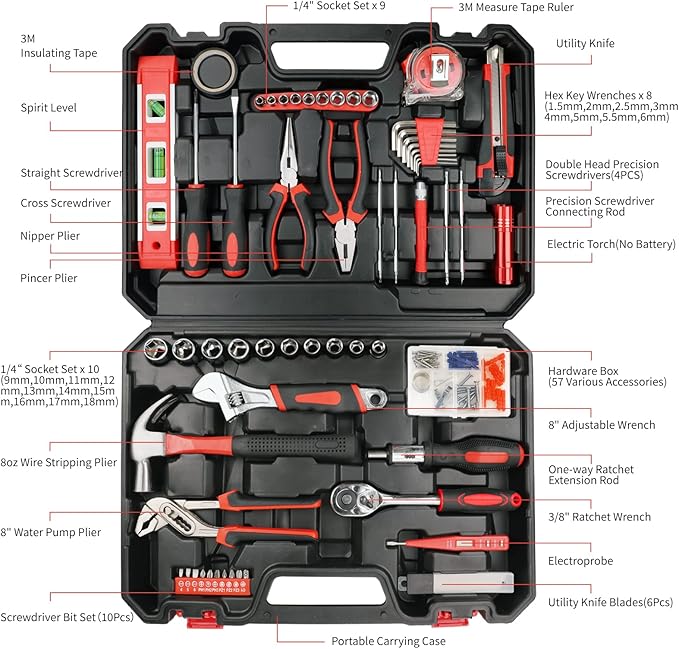 Yougfin 120 Piece Tool Set General Household Hand Kit with Plastic Toolbox Storage Case Red & Black