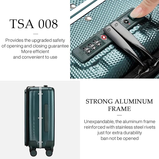 Hanke 20 Inch Carry On Luggage Aluminum Frame Front Opening Rolling Suitcase PC Hard Sided Luggage with Spinner Wheels Travel Luggage for Woman Men Gifts.(Dark Green)