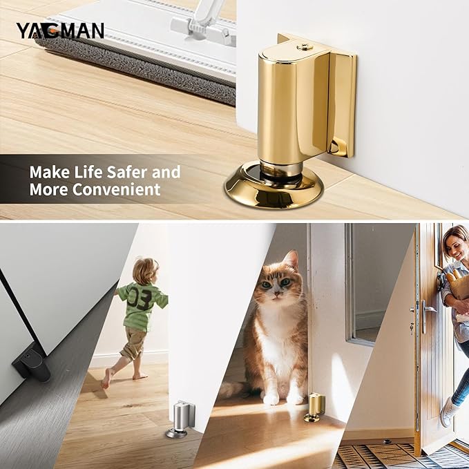 2 Pack Magnetic Door Stoppers Retractable Bottom of Door Holder No Drilling Mount Floor Door Stop with Screws and Adhesive Catch Door Keep Door Open Polished Gold PG-2