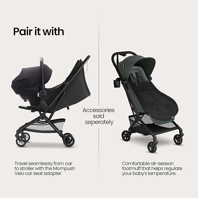 Mompush Velo Lightweight Travel Stroller – One-Hand Fold, Ultra-Compact & Airplane Friendly, Lie-Flat Recline Seat (from Birth to 50 lbs), Includes Cup Holder, Shoulder Strap, and Leather Bumper Bar