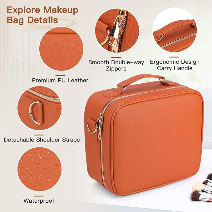 Travel Makeup Bag with LED Mirror, Cosmetic Bags for Women with Light up Mirror, Travel Essentials Makeup Organizer, Makeup Case with Adjustable Dividers and Brush Holder, 3 Color Lights