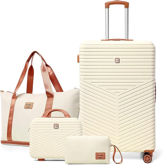 Hoteel 4 Piece Luggage Set (4-YEAR WARRANTY) Carry on ABS+PC Hard Shell Suitcase with Spinner Wheels & TSA Lock (Beige)