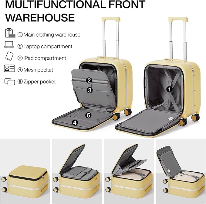mixi Carry On Luggage, 18” Suitcase with Front Laptop Pocket, Travel Luggage Aluminum Frame PC Hardside with Spinner Wheels & TSA Lock and Cover (Not for Underseat), Lark Yellow