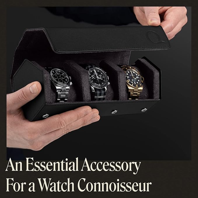 Napa Leather Watch Rolls for Men - Hexagon Triple Watch Roll Travel Case for 3 Watches - Storage Organizer Genuine Leather with Velvet Interior Display (Black/Charcoal)