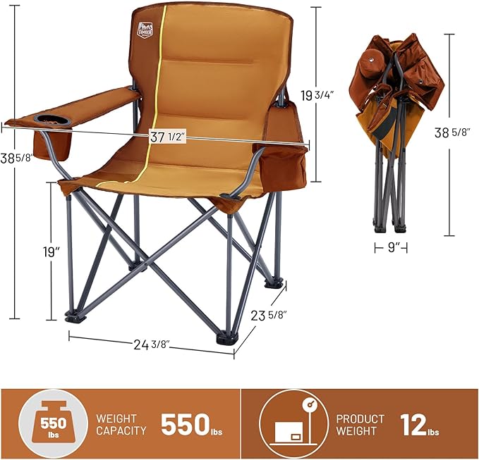 TIMBER RIDGE Oversized Folding Camping Chair for Adults, Support 550 LBS Heavy Duty with Cup Holder Side Pocket for Camp, Lawn, Picnic, Oange, 2 Pack