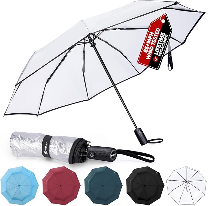 PTEROMY Windproof Compact Travel Umbrellas for Rain and Sun, Withstands 85MPH Winds Auto Open Close Folding Umbrella with Ergonomic Handle, Quick Dry Canopy for Commuting or Backpack