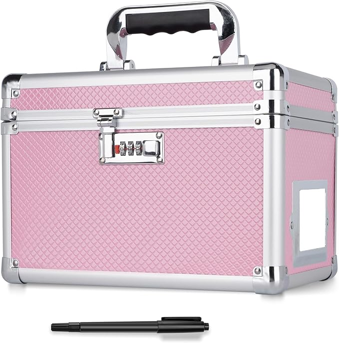 10.2 x 7 x 7.5 Inch Lockable Storage Box with Combination Lock, Portable Safe for Documents, Medicine, Cash & Valuables, Medicine Lock Box with Label Slot for Home, Office & Travel - Pink