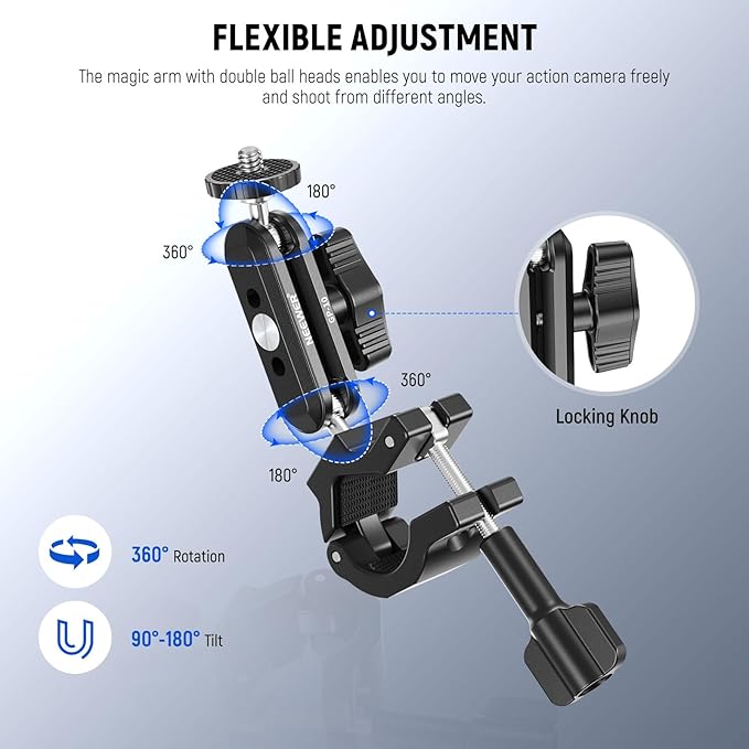 NEEWER Action Camera Pole Mount with Two 360° Ball Heads 1/4" Screw Action Camera Adapter, Holder Clamp for Motorcycle Bike Handlebar, Compatible with GoPro Hero13 12 11 10 9 Max360 Insta360 DJI Osmo