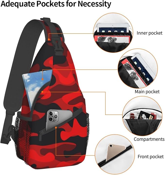 SUPLUCHOM Sling Bag Military Camouflake Camo Red Black Hiking Daypack Crossbody Shoulder Backpack Travel Chest Pack for Men Women Over 12 Years Old
