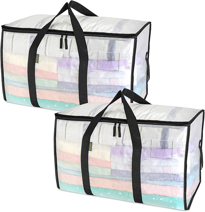 BALEINE 2-Pack Oversized Moving Bags with Reinforced Handles, Heavy-Duty Storage Tote for Clothes, Moving Supplies (Clear, 2-Pack)