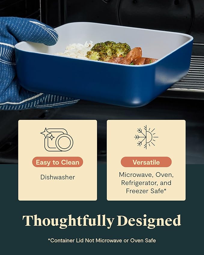 Caraway Glass Food Storage, 10 Cup Glass Container,Ceramic Coated Food Container,Easy to Store, Non Toxic, Non Stick Lunch Box Container with Glass Lids. Dishwasher, Oven,Square Shape,Sage