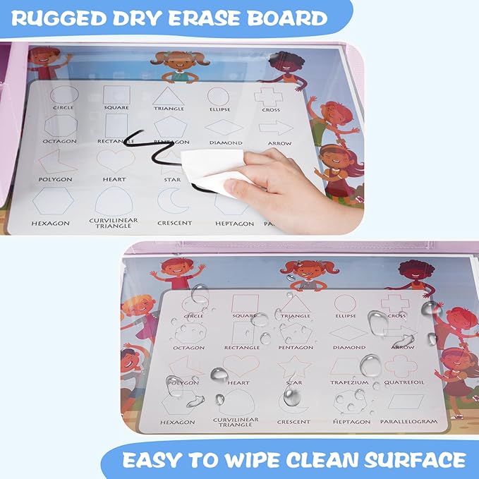 MENZOKE Kids Travel Tray, Car Seat Tray for Long Road Trips & Airplane Rides, with Cooler Cup Holder, Educational Dry Erase Board & Tablet Holder, Cute Unicorn Print, Light Purple