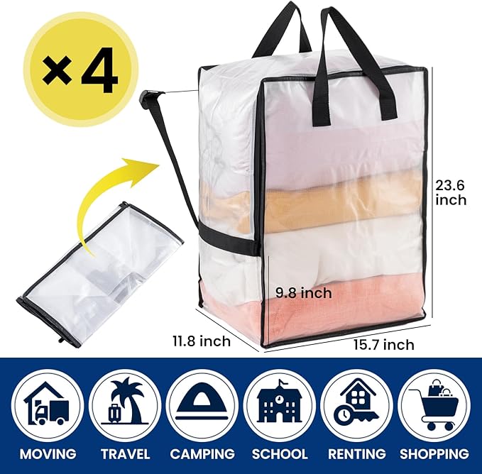 TAILI 4 Pack Clear Moving Bags w/Adjustable Backpack Straps, Moving Supplies, Moving Boxes Alternative, Heavy Duty Storage Totes for College Packing, Camping Backpack for Travel, Dorm, Laundry