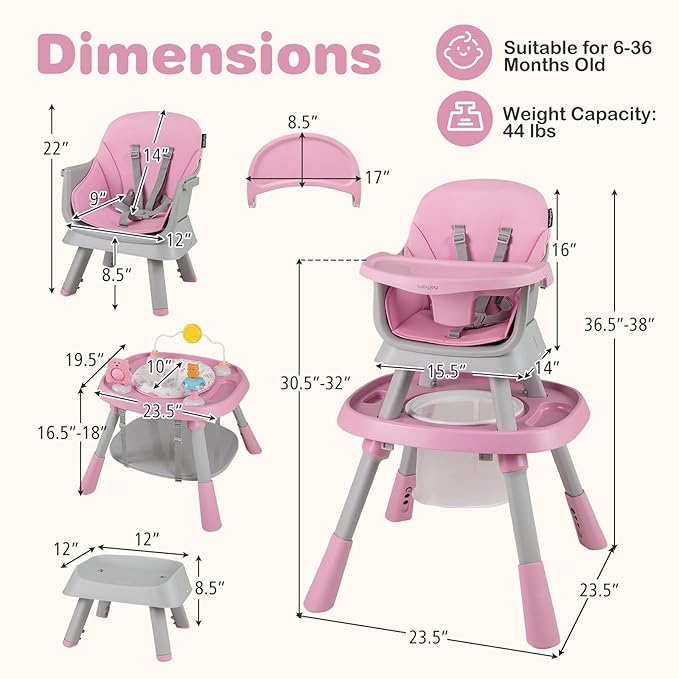 BABY JOY 16 in 1 High Chair, Convertible Baby Highchair for Babies and Toddlers with Activity Center, Booster Seat, Building Block Table, Toddler Chair with Safety Harness, Removable Tray (Pink)