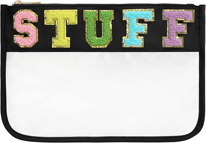DYSHAYEN Chenille Letter Clear Zipper Pouch for Travel,Nylon Clear Cosmetic Bag,Makeup Travel Bag for Women Girls 11.8 Inches x 8.2 Inches