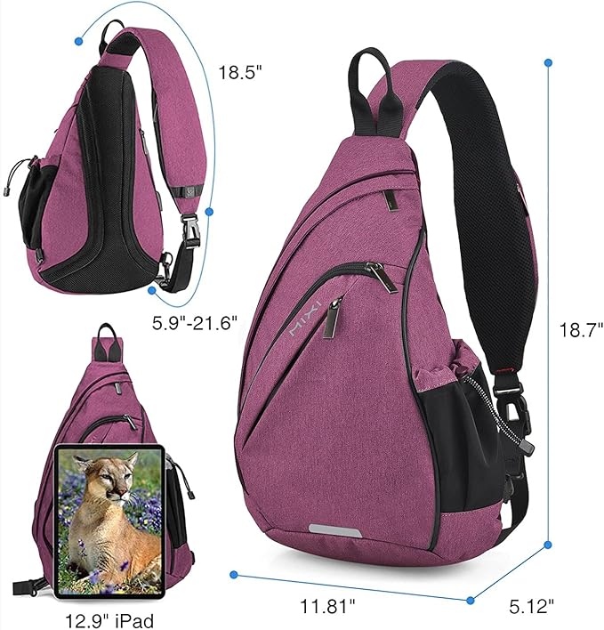 mixi Sling Bag Men Backpack Unisex One Shoulder Bag Hiking Travel Backpack Crossbody with USB Port for Men Women Versatile Casual Daypack-19 inch,Purple