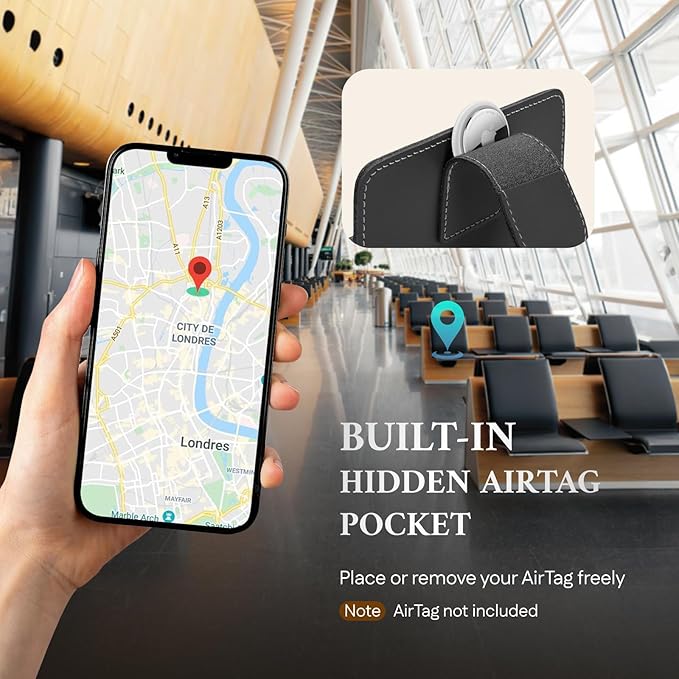 ALLIVE Passport Holder for Travel, Genuine Leather Passport Holder with AirTag Hidden Pocket, Rfid Blocking Passport Cover Travel Wallet for Women Men, Airport Essentials Gift (Black)